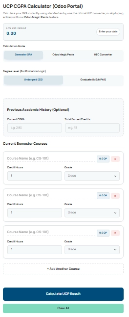 The official UCP CGPA calculator interface showing the standard semester entry, Odoo magic paste feature, and final academic score breakdown.