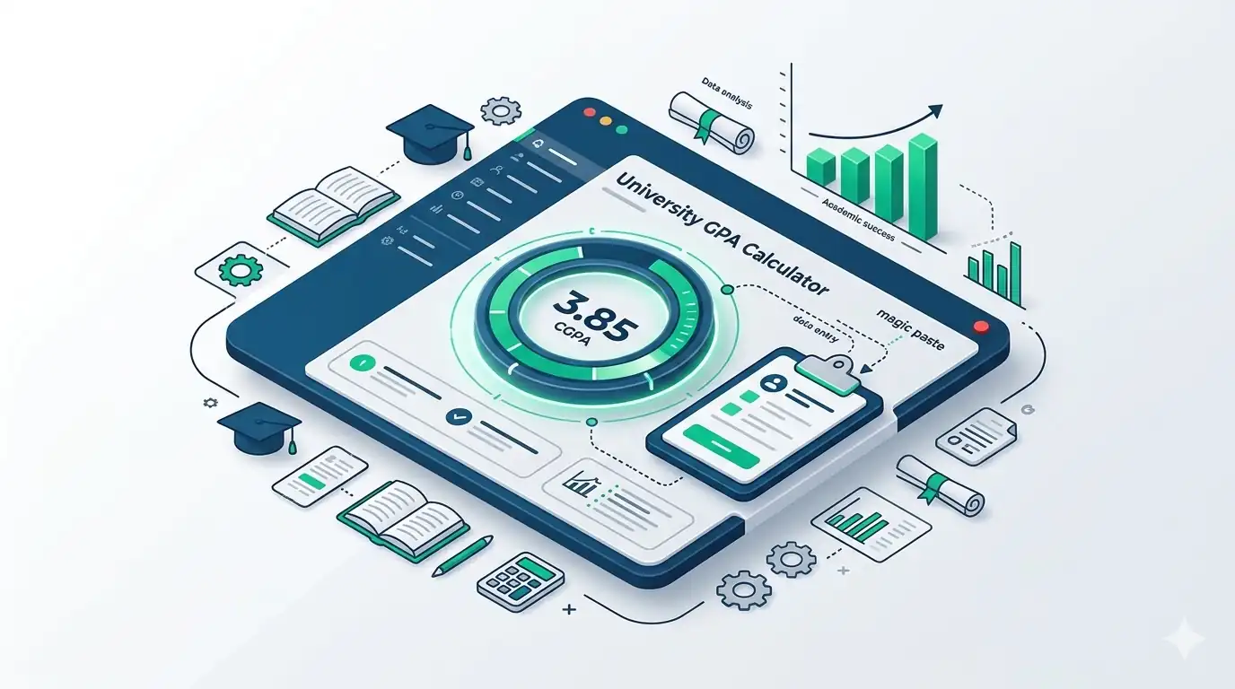 UCP CGPA calculator interface showing a grading progress ring, academic graph, and Odoo portal integration.
