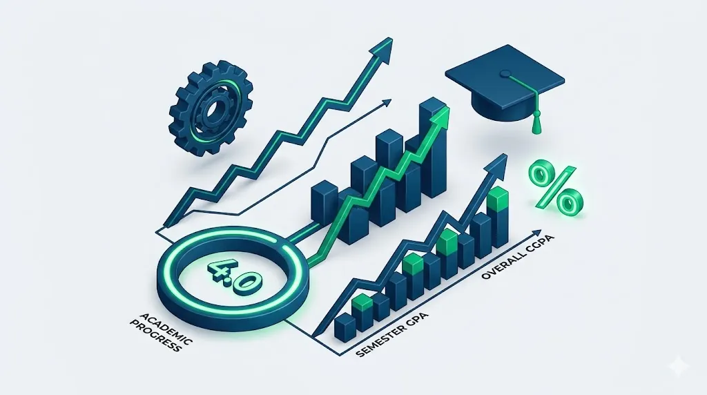 UET CGPA Calculator and Percentage Converter infographic showing an upward academic trend, 4.0 GPA progress ring, and target planning data.