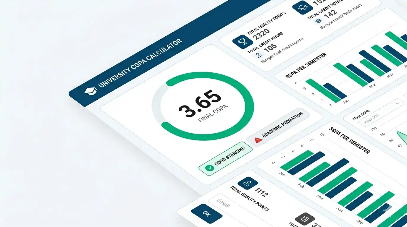 UMT CGPA calculator interface displaying a circular grading progress ring, academic standing alerts, and a merit scholarship savings chart.