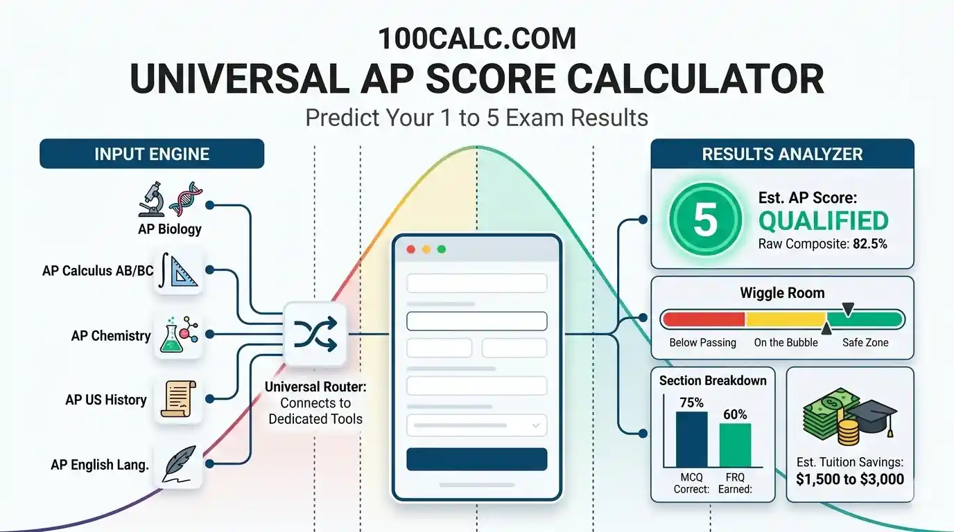 A 16:9 infographic from 100calc.com showing how the Universal AP Score Calculator works. A central screen displays a 1 to 5 exam curve. Colored indicators track your 'Wiggle Room' for Safe, Bubble, and Danger zones. Small icons represent different subjects like AP Biology, AP Calculus, and AP Chemistry. An icon shows possible tuition savings. The image uses standard 100calc branding colors.
