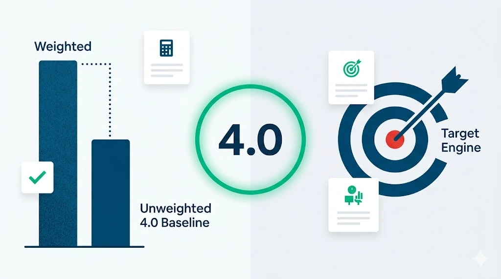 Infographic illustrating how an unweighted GPA calculator strips away bonus points to reveal a pure 4.0 academic baseline and calculates target grades.