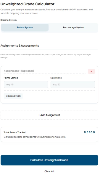 The digital interface of the unweighted grade calculator showing the assignment inputs and the final GPA results.