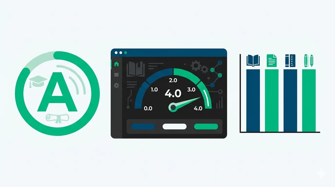 A digital dashboard infographic showing an unweighted grade calculator with a straight average chart and a 4.0 GPA scale.