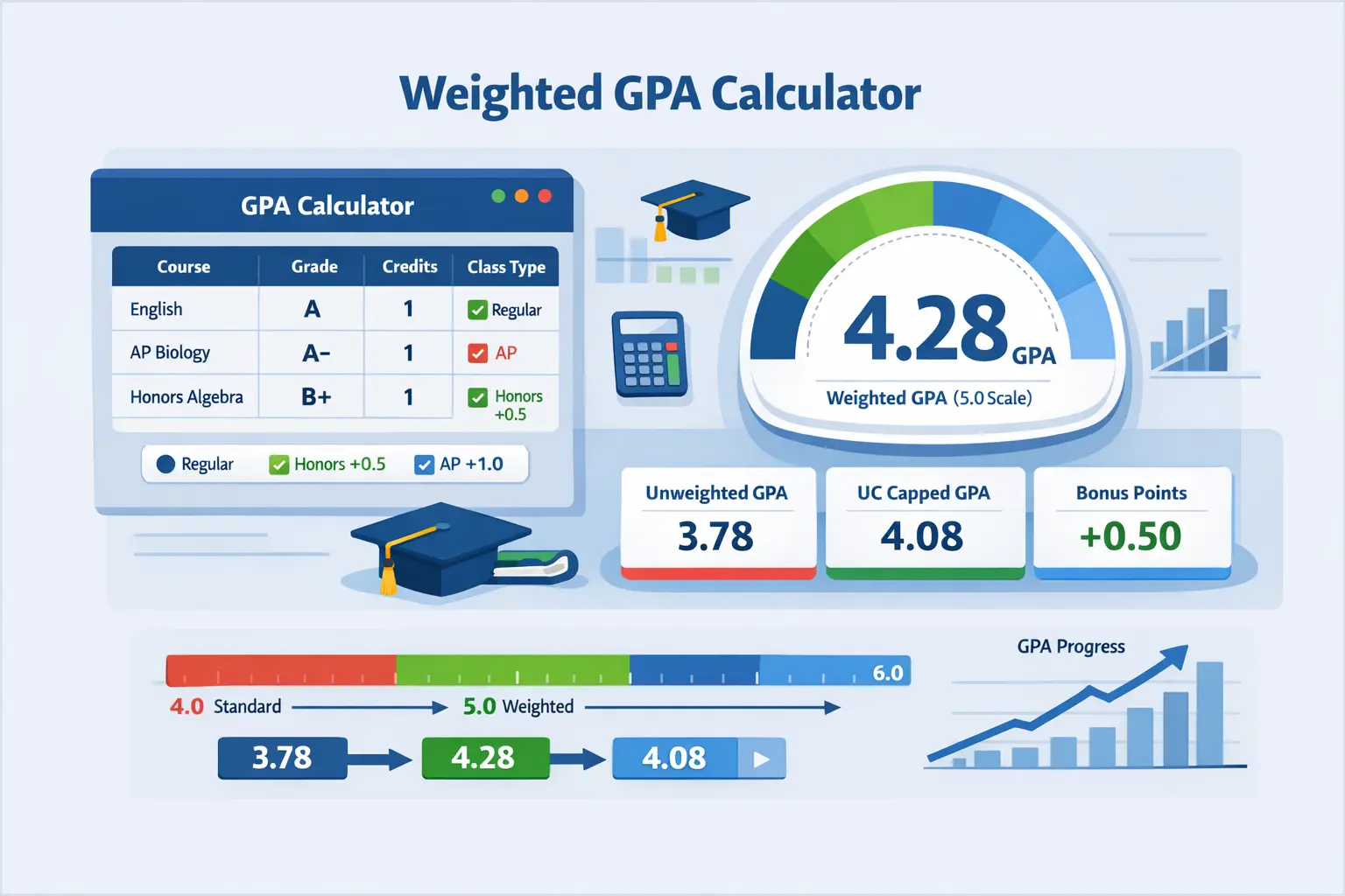 Weighted GPA calculator infographic showing 5.0 scale GPA, unweighted vs weighted GPA comparison, and AP Honors bonus points calculation