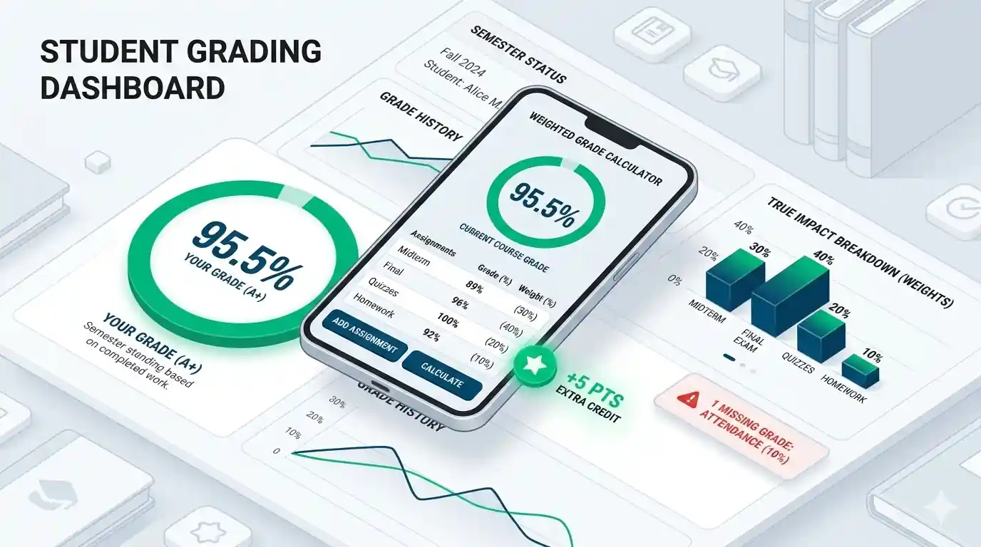 A clean infographic of a weighted grade calculator showing a grading progress ring and true impact percentage charts.