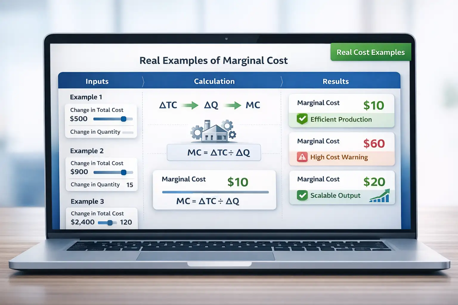 marginal cost calculator examples showing change in total cost and quantity with calculated cost per unit and production efficiency insights