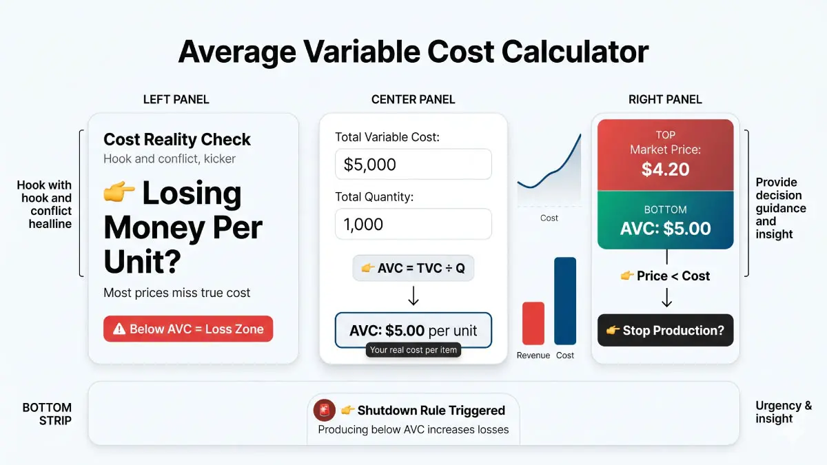 Average variable cost calculator dashboard showing AVC formula, cost per unit result, and price vs cost comparison to identify shutdown point