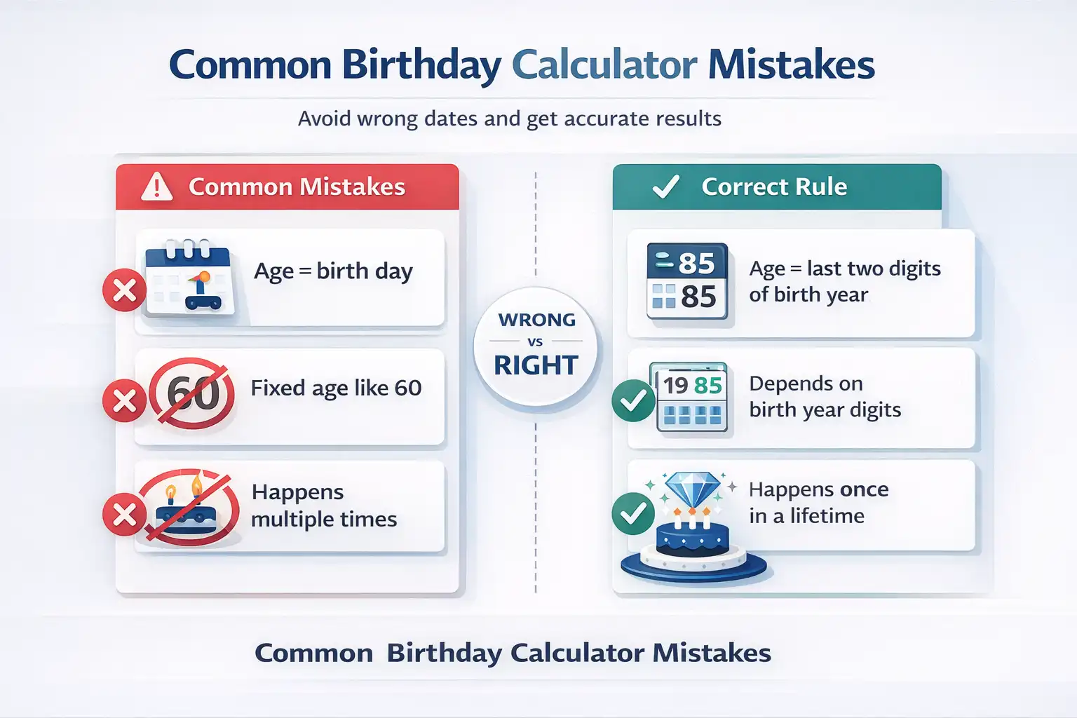 Common birthday calculator mistakes infographic showing wrong vs correct diamond birthday calculation rules