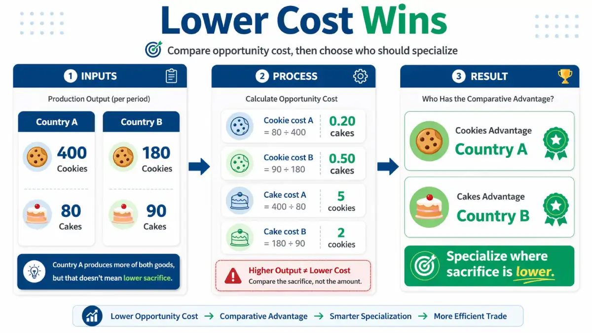 Comparative advantage calculator example showing cookie and cake outputs, opportunity cost comparison, and specialization result flow