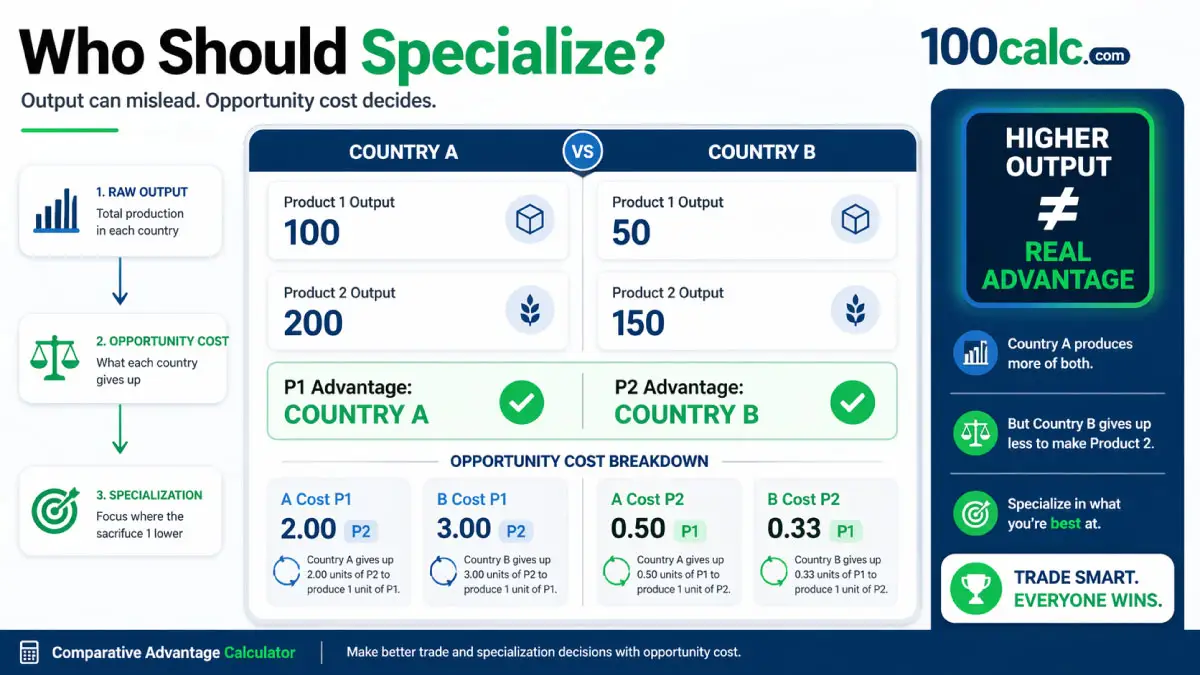 Comparative advantage calculator showing output comparison, opportunity cost breakdown, and specialization results for two countries