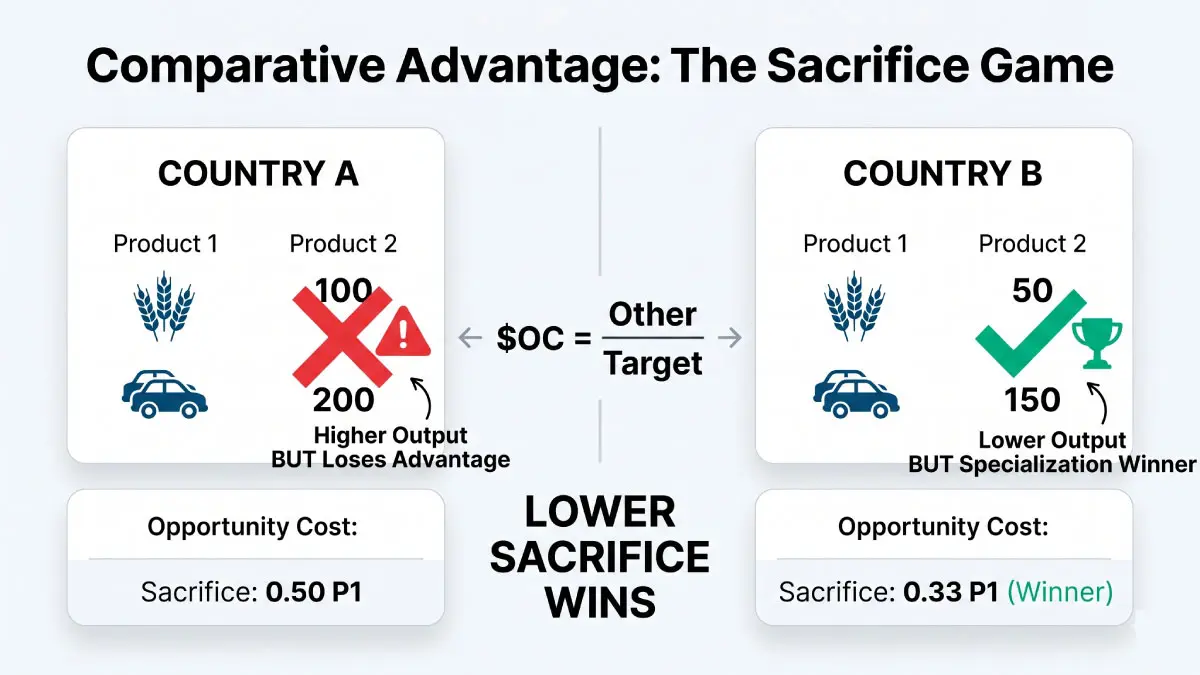 Comparative Advantage Calculator dashboard comparing output tables for two countries, showing opportunity cost calculations and specialization winners based on lowest sacrifice.