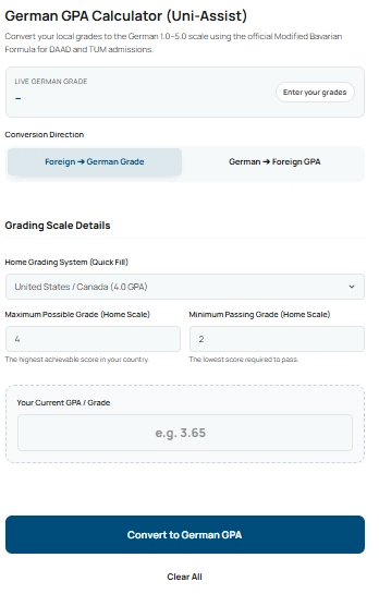 A screenshot of the German GPA Calculator interface showing the input fields for maximum grade, minimum passing grade, and current score used in the Modified Bavarian formula.