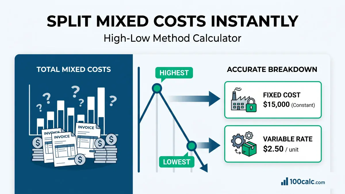 Split-screen high low method calculator dashboard showing mixed cost separation into fixed and variable rates for accurate budget planning.