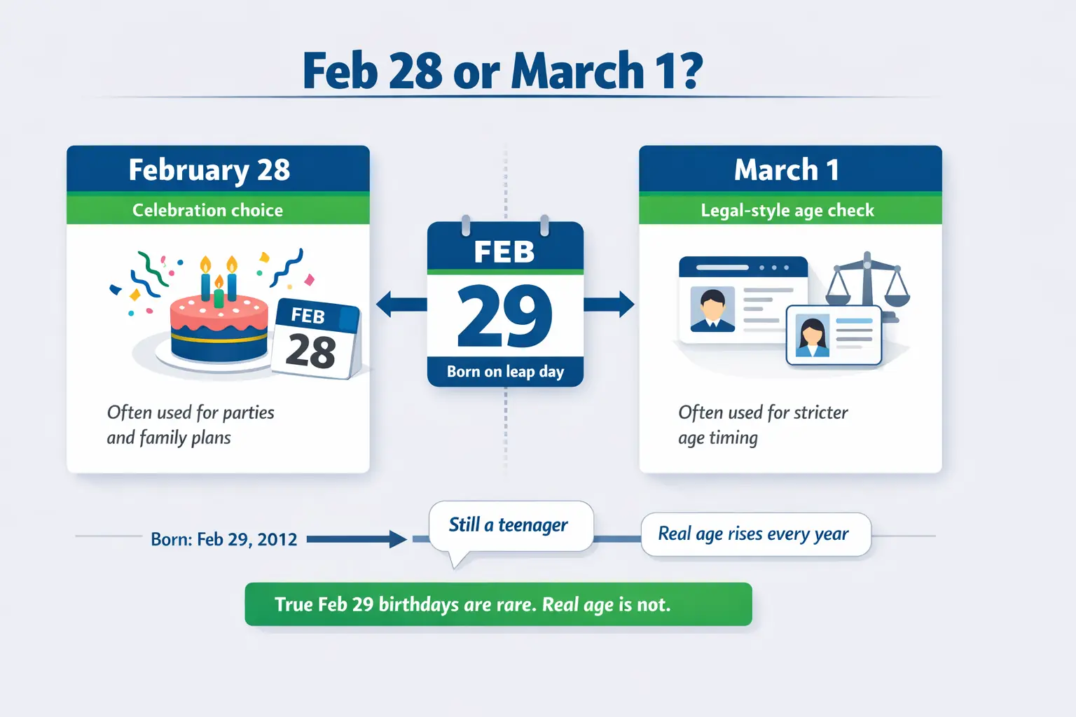 Infographic for Leap Year Age Calculator showing Feb 28 vs March 1 birthday rules and why leap day age still increases yearly.