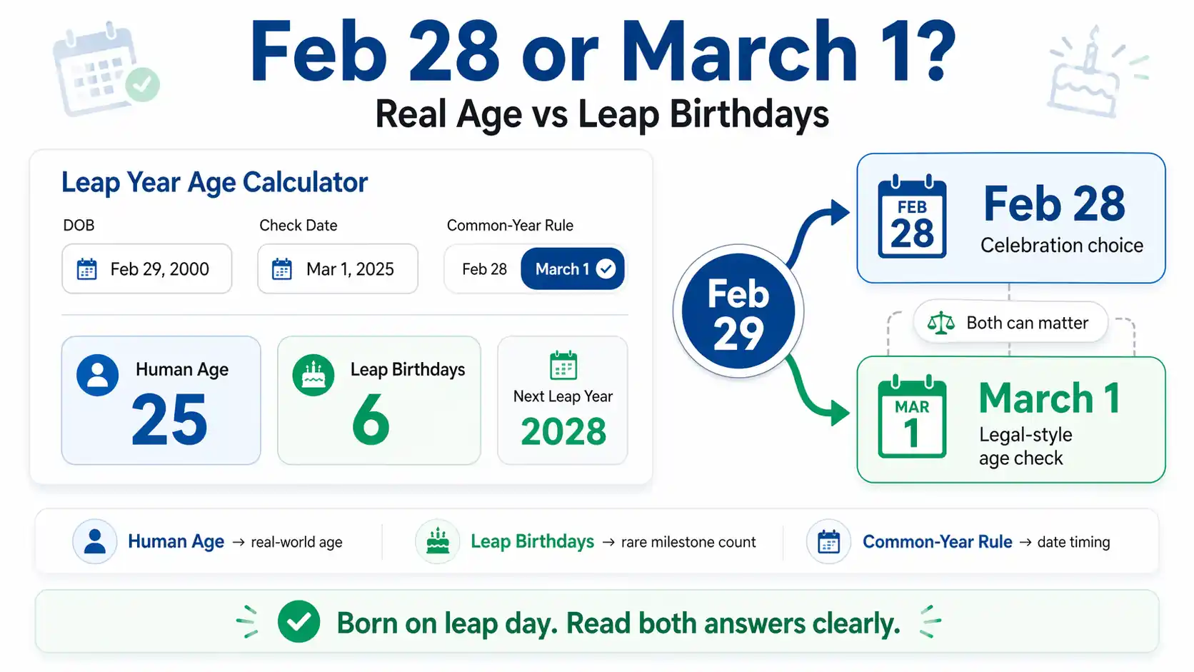 Leap Year Age Calculator graphic showing Feb 28 vs March 1 handling, real age, and true leap birthday count for clearer age checks