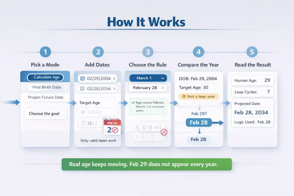 Leap Year Age Calculator process infographic showing mode choice, date inputs, Feb 28 or March 1 rule, and result cards.