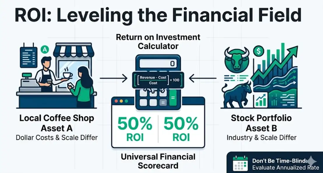 A modern vector infographic visualizing how the return on investment calculator equalizes different assets like a local coffee shop versus a stock portfolio, transforming unique costs and scales into a single percentage scorecard for easier financial comparison and better decision-making.
