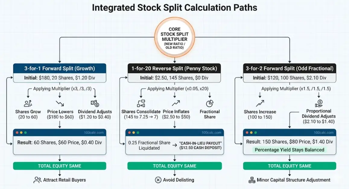An infographic visualization from 100calc.com comparing integrated calculation paths for forward, reverse, and odd fractional stock splits, showing how the multiplier adjusts shares, price, and dividends.