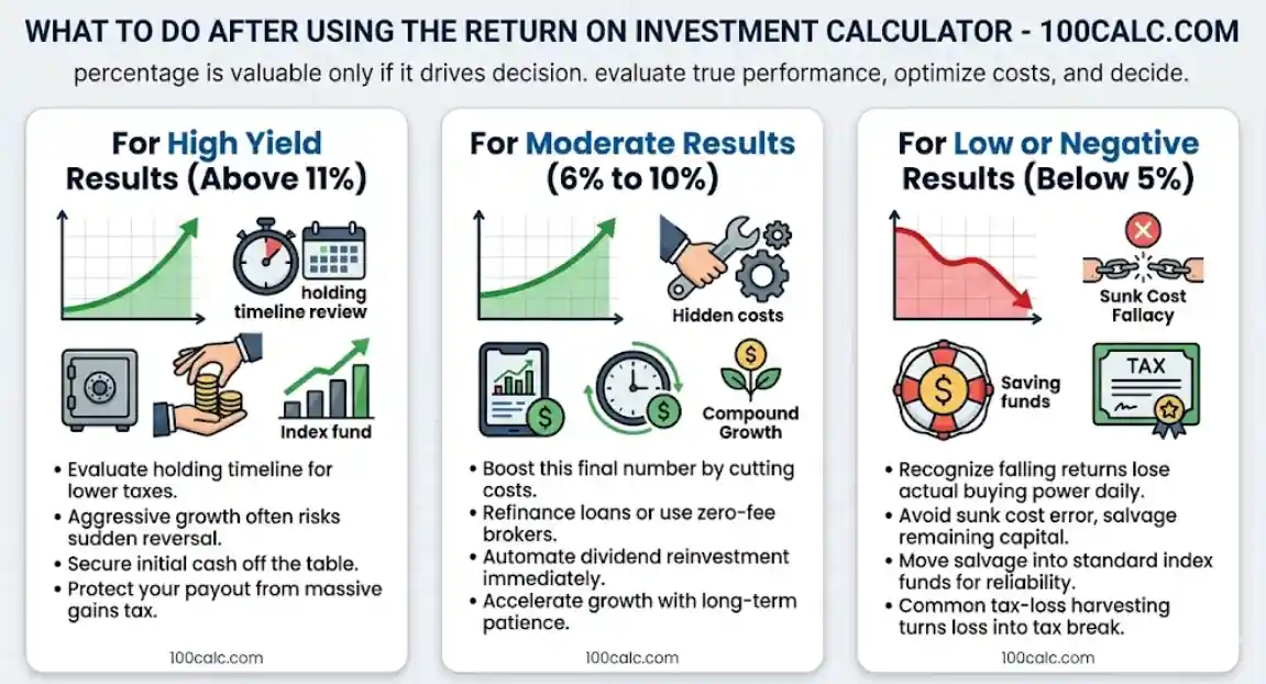An infographic guide from 100calc.com showing investment strategies and next steps to take after using a Return on Investment Calculator for high, moderate, and low yields.