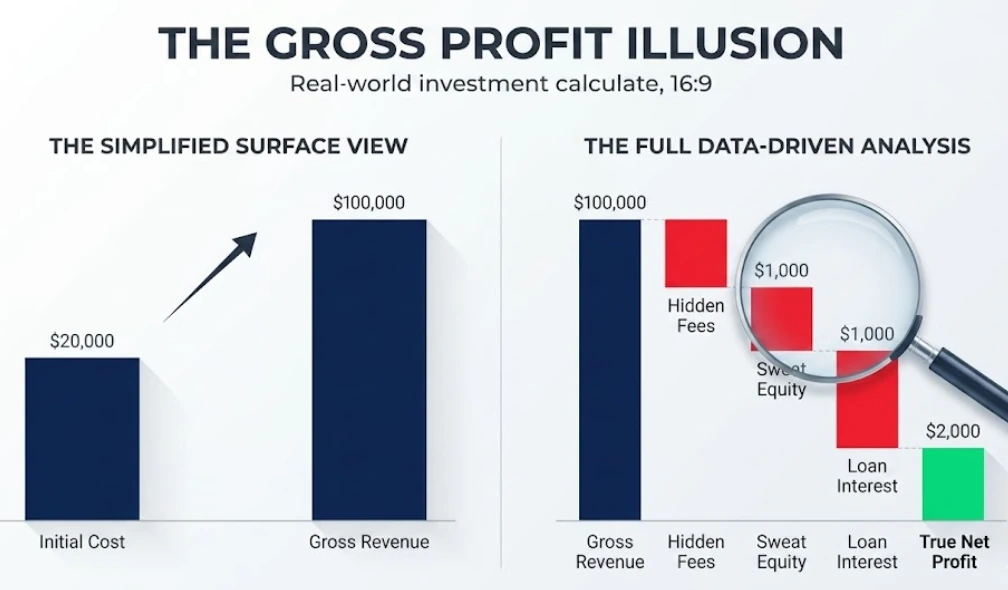 A side-by-side waterfall chart for the return on investment calculator showing how hidden fees reduce gross profit in real-world examples.