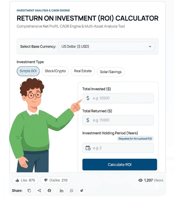 A professional 2D illustration of the Return on Investment (ROI) Calculator on 100calc.com, featuring a male mascot in a green sweater pointing to the investment analysis tool which includes Stock, Crypto, and Real Estate calculation options.