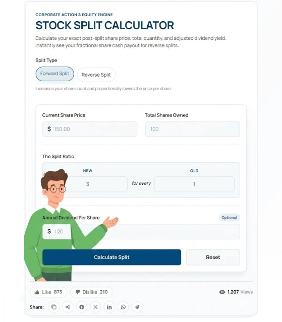 A professional 2D illustration of the split stock Calculator on 100calc.com, featuring a male mascot in a green sweater pointing to the investment analysis tool which do split stock calculation