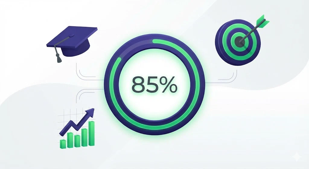 Educational infographic for the UQ grade calculator illustrating an upward academic progress chart, target scores, and the 7-point scale.
