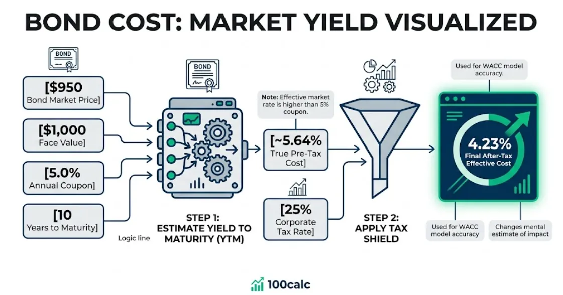 Infographic flow visualizing bond yield to maturity logic for after-tax cost of debt. Shows market data inputs like a $950 bond price and 5% coupon merging to estimate a 5.64% pre-tax rate, which is then funneled through the 25% corporate tax shield to reveal the true 4.23% effective cost. Modern SaaS data visualization.