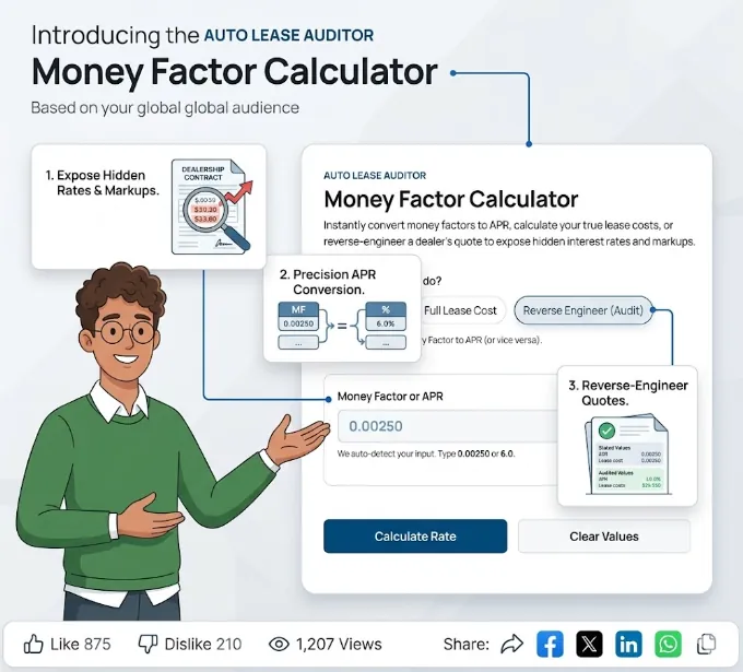 An infographic introducing the Auto Lease Auditor Money Factor Calculator. It shows a man presenting a tool that helps users expose hidden lease rates, convert Money Factors to APR precisely, and reverse-engineer dealer quotes, complete with interface examples and interaction stats.