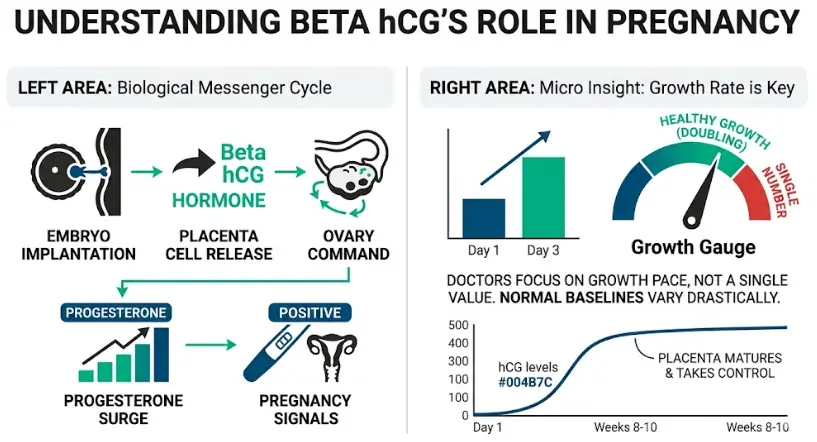 A modern 100calc.com infographic explaining Beta hCG as a primary pregnancy hormone messenger produced during early implantation to signal progesterone and support the embryo, contrasting a single number with the crucial importance of a healthy doubling growth rate for doctors to assess viability before ultrasound.
