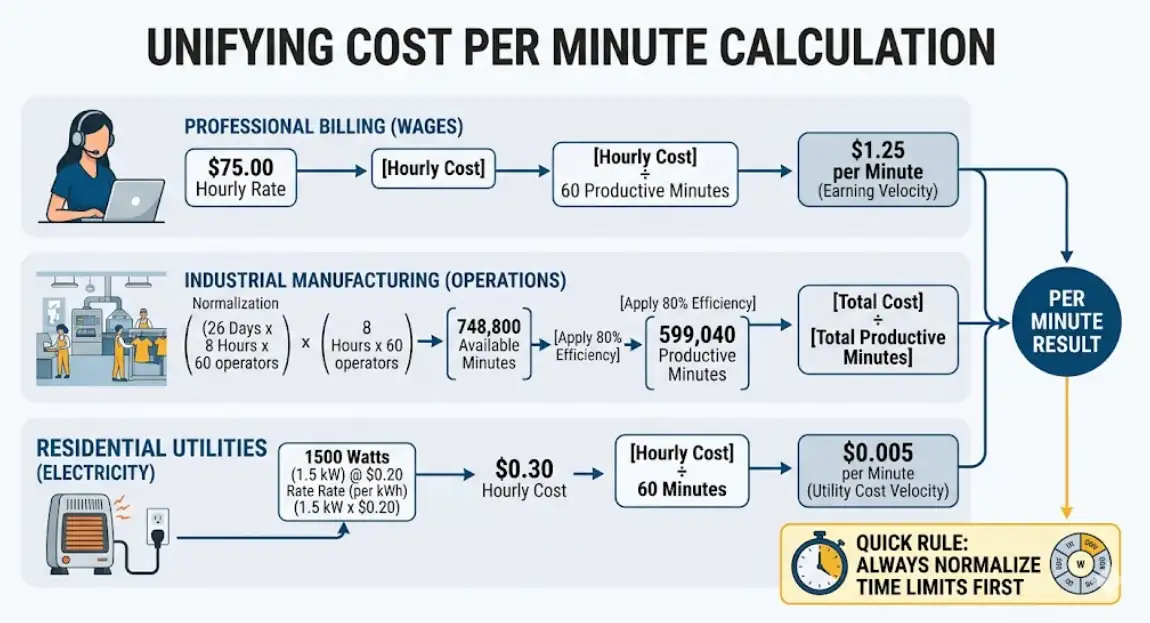 Infographic diagram visualizing the workflow to calculate cost per minute across professional wages, industrial garment manufacturing overhead, and residential appliance electricity costs, showing time normalization.