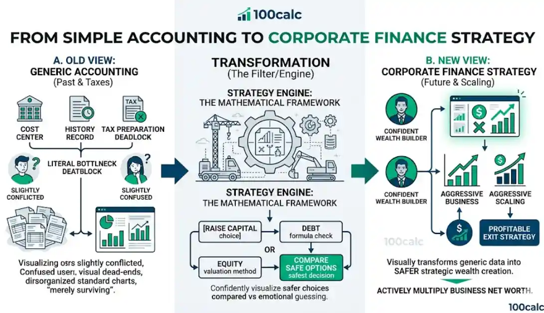 Infographic visual diagram defining corporate finance, contrasting standard accounting deadlock with forward-looking financial strategy. It shows how mathematical frameworks and valuation models transform past generic transactions into safer capital raising choices, aggressive business scaling, shareholder wealth multiplication, and profitable exit planning. Modern SaaS style vector on white background.