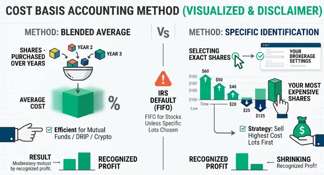 An infographic comparing blended average cost method versus specific identification in brokerage settings, illustrating how selling chosen expensive shares first shrinks recognized profit for tax efficiency, as default FIFO applies.