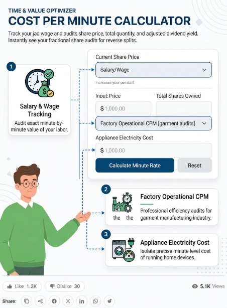 Infographic introduction for the Cost Per Minute Calculator showing salary tracking, garment factory CPM audits, and appliance electricity cost results.