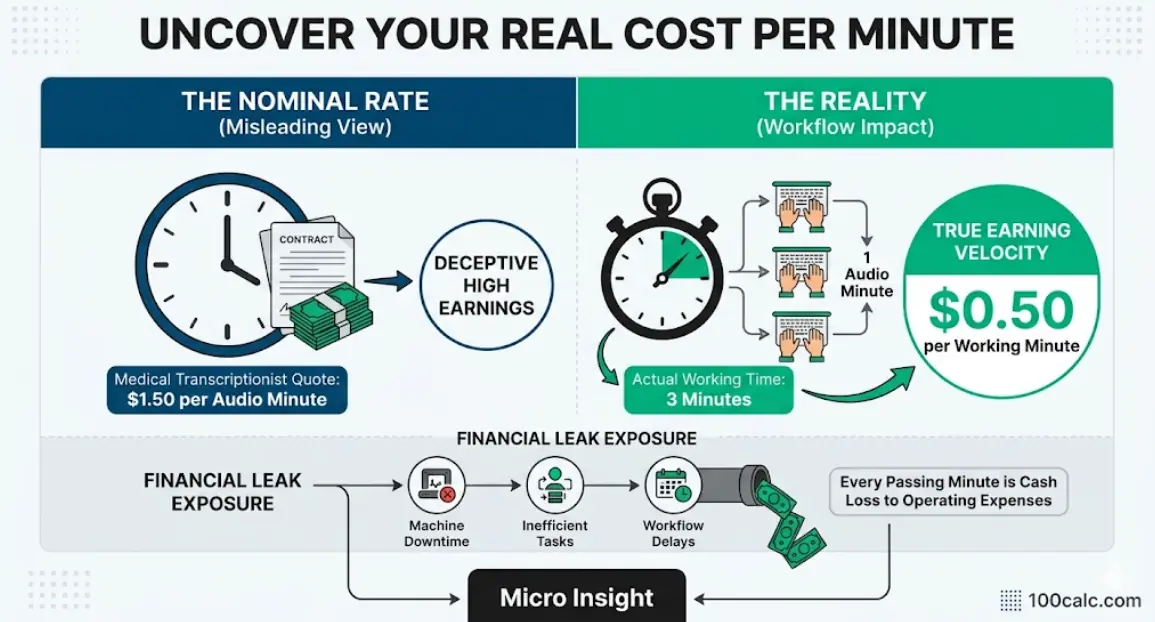Infographic visually breaking down a medical transcriptionist's real cost per minute by contrasting a nominal rate of $1.50 with a true earning rate of $0.50 after factoring in workflow inefficiency and actual working time. Exposes the impact of delays on profit.