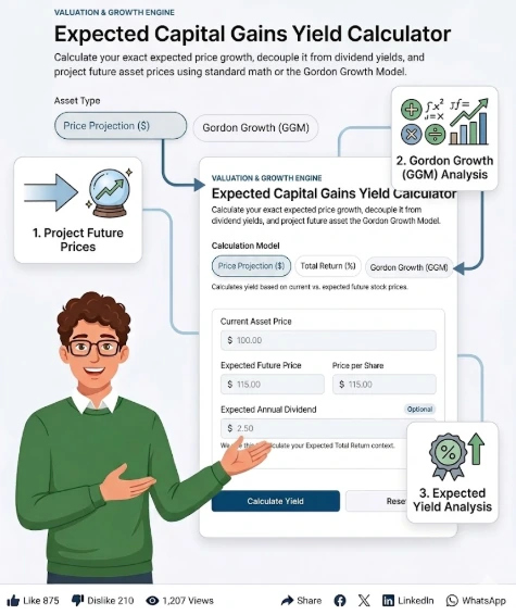 An infographic illustration featuring a friendly male mascot presenting the Expected Capital Gains Yield Calculator. The interface shows input fields for Current Asset Price, Expected Future Price, and Expected Annual Dividend, with three numbered callout boxes detailing features: 1. Project Future Prices, 2. Gordon Growth (GGM) Analysis, and 3. Expected Yield Analysis. It displays engagement metrics and social share buttons.
