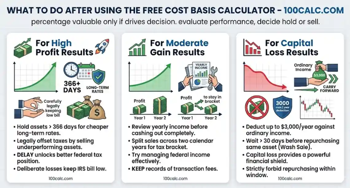 Infographic from 100calc.com showing tax strategies for gains and capital losses after using the Free Cost Basis Calculator.