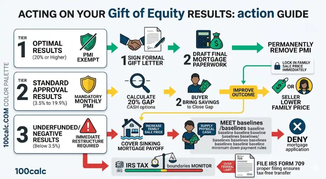Infographic diagram breaking down the 3 actionable paths (Optimal Green, Standard Yellow, Restructure Red) based on Gift of Equity calculator results for a family home transfer. Shows steps for removing PMI, bringing cash, adjusting sale price, and filing IRS Form 709. Mobile legible and structured.