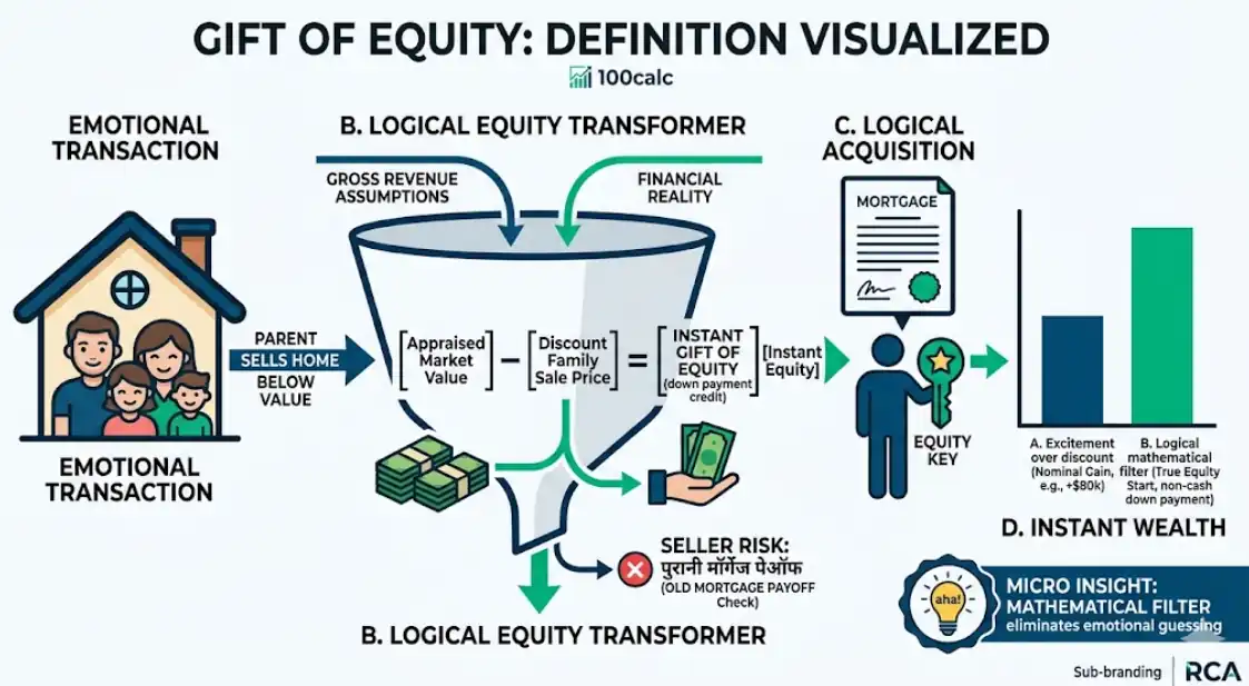 An infographic visual diagram defining a "Gift of Equity" where parents sell a home below market value. It contrasts emotional family transfer assumptions against logical mathematical filters that create an instant, non-cash down payment credit. Mobile legible structured data visualization.