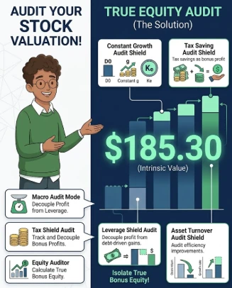Infographic introduction for the Gordon Growth Model Calculator on 100calc.com, featuring a boy guide presenting a stacked bar chart deconstructing intrinsic stock value into an authenticated true equity audit using the decoupler math strategy.