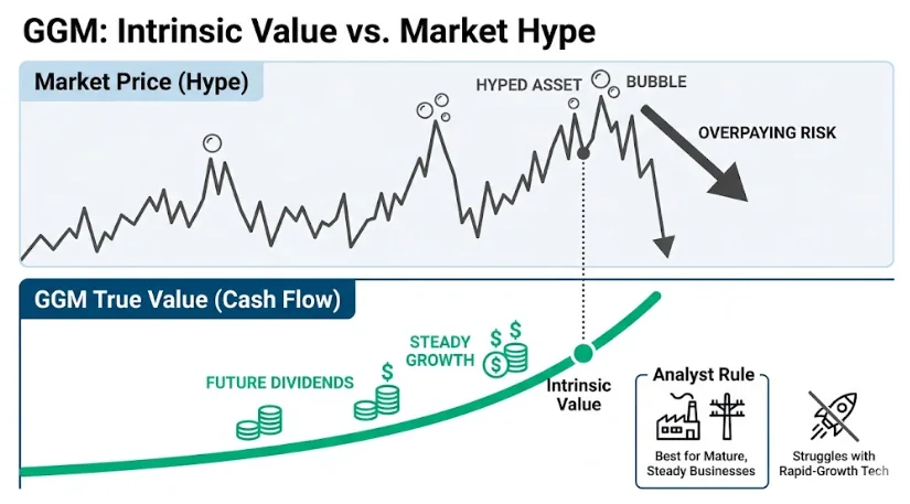 A modern infographic comparing the Gordon Growth Model (GGM) calculated intrinsic stock value (steady green cash flow curve) against volatile market price hype (jagged gray line). It helps investors identify mathematical worth.