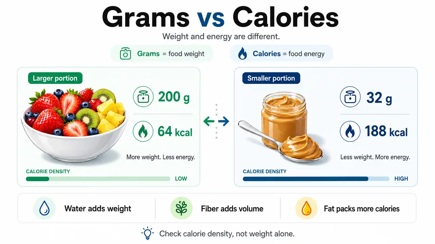 Grams to calories calculator visual showing grams vs calories in food and how calorie density changes energy for similar portions.