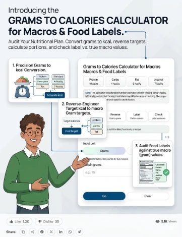 Infographic introduction for the Grams to Calories Calculator on 100calc.com. A boy mascot points to a staked bar chart deconstructing grams into precise calories for Protein, Carbs, Fat, and Alcohol. Three callout boxes highlight standard macro logic (4kcal/g for Protein and Carbs, 9kcal/g for Fat), label discrepancy auditing, and a reverse macro check against targets.