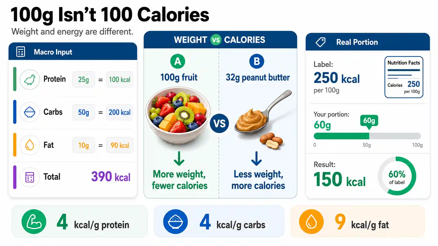 Grams to calories calculator visual showing macro formula, food label portion, and 100g versus calorie comparison for cleaner tracking.