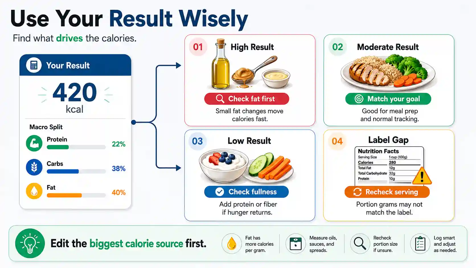 Grams to calories calculator visual showing high, moderate, low, and label gap results with smart food tracking actions.