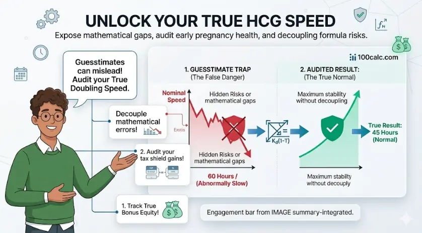 hCG doubling time calculator illustration comparing a guessed beta hCG rise with an audited 45-hour result and early pregnancy trend chart.