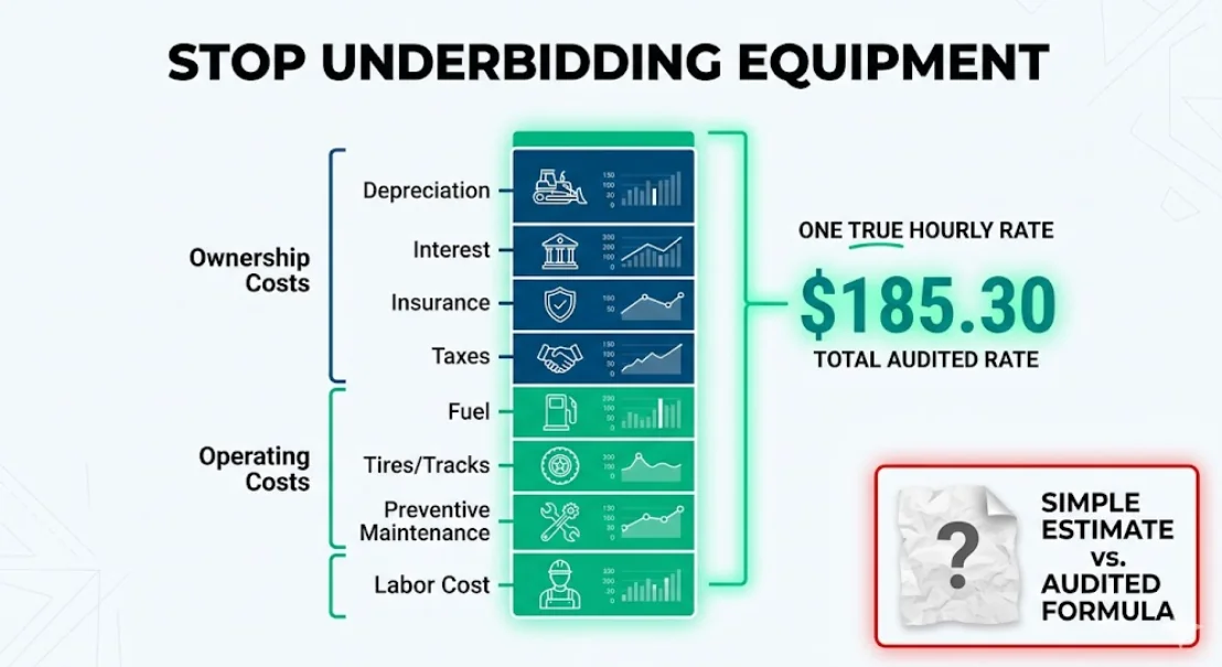 An infographic for the heavy equipment hourly rate calculator deconstructing total cost into ownership and operating expenses like fuel and depreciation to ensure profitable bids.