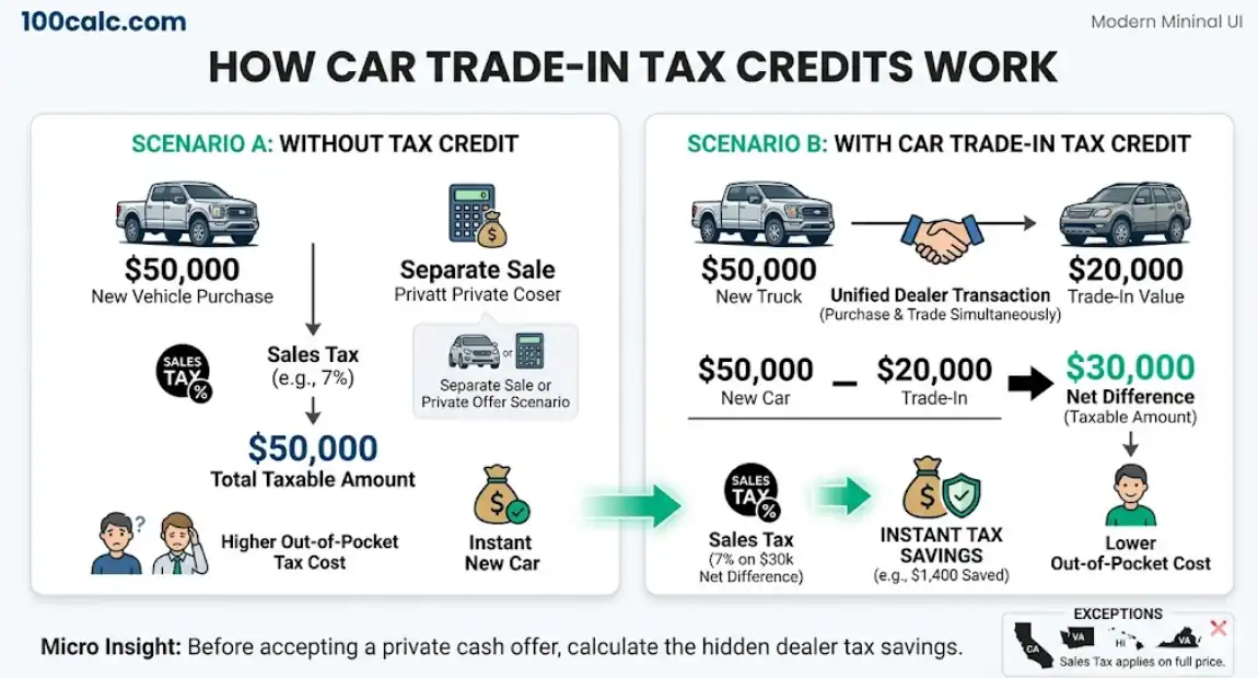 Infographic diagram visually explaining how a car trade-in tax credit works. It compares two scenarios, with and without the credit, showing the unified dealer transaction, the mathematical deduction of a $20,000 SUV from a $50,000 truck purchase to reduce the taxable amount to $30,000, and visualizing immediate tax savings like $1,400. Modern SaaS UI style on white background.