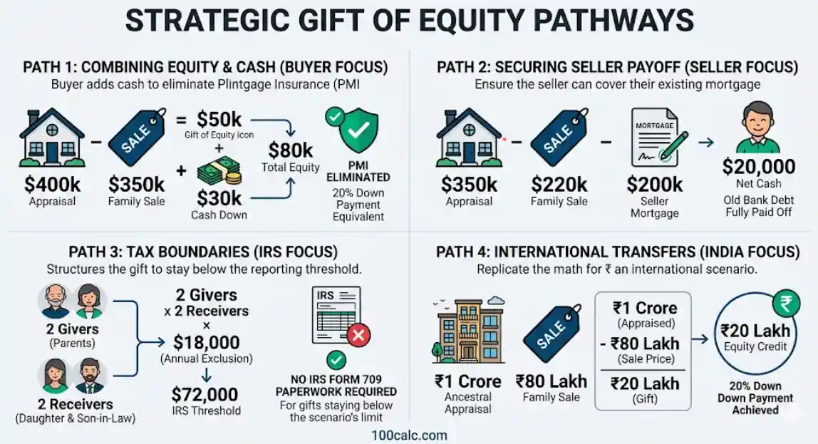 Infographic visualizing how to calculate a gift of equity for different scenarios: combining equity and cash to eliminate PMI, ensuring a seller's mortgage payoff is secured, navigating IRS tax boundaries with multiple givers and receivers, and executing an international transfer (₹20 Lakh example in India). Shows math flow, inputs, and successful outcomes. Modern SaaS UI style.